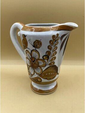Vintage JAH Tonala Mexico Pottery 8” Pitcher Bird Flowers Butterflies Folk Art